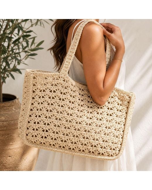 Springmoonatelier Natural Neutrals Luxury Handmade Raffia Oversized Bag – Large Crochet Shoulder And Beach Bag