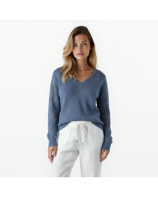 Haris Cotton Blue Knit Sweater With Embroidered Sleeves Denim