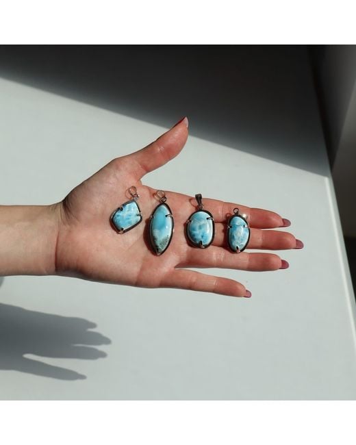 Mineralgems•Studio Blue Larimar Navette Pendant With Sterling Chain