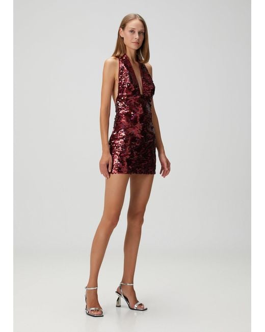 Pcfg Red Sequin Neck Tie Dress With Side Slit