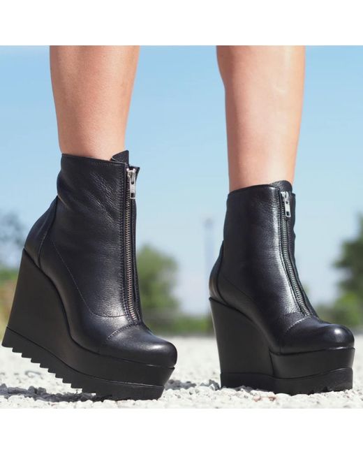 Adrenaline Fashion Blue Handcrafted Leather Wedge Ankle Boots With Zipper – Genuine Leather Designer Handmade Boots