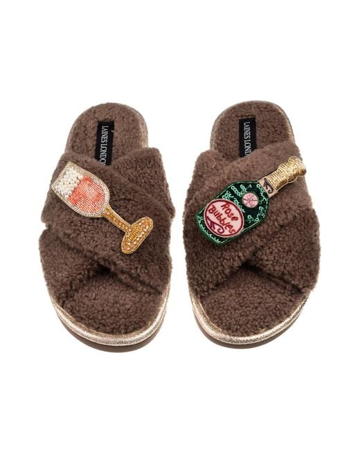 Laines London Brown Neutrals Laines Neutral Boucle Slippers With Champagne Brooches