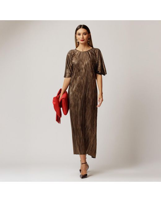 concept A trois Brown Golden Plisse Midi Dress With Closure With Staples