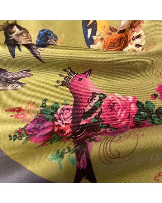 Ralufineart Yellow Silk Twill Pocket Square With Exotic Birds for men