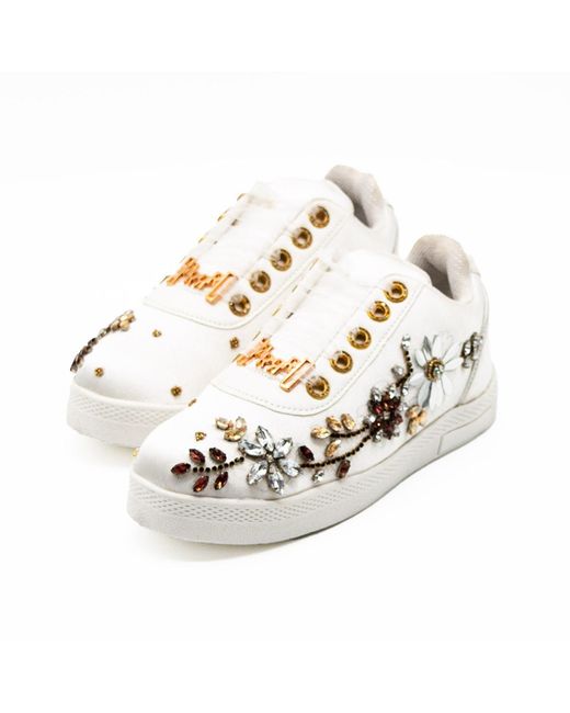 Rettrose White Lucia Luxury Satin Handmade Embellished Tennis Shoe