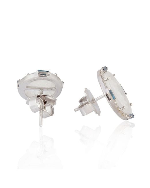 Artisan Metallic White Gold Diamond Jade Victorian Carving Stud Earrings Handmade Jewelry