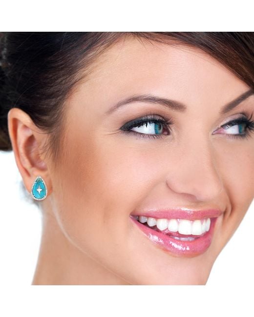 Artisan Blue Natural Turquoise Stud Earrings 18k White Gold Diamond Jewelry