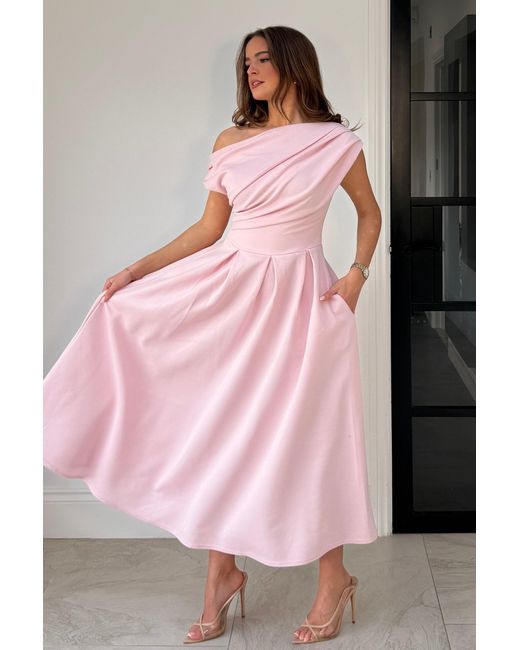 Girl In Mind Pink Betty Asymmetric Neckline Skater Midi