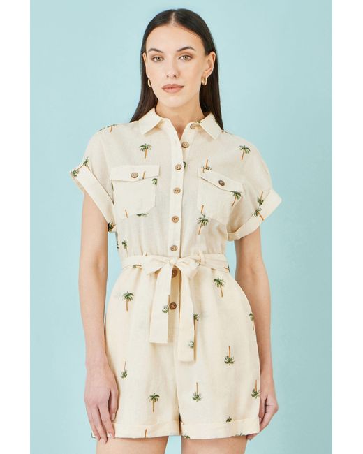 Yumi' Natural Embroidered Palm Print Cotton Playsuit