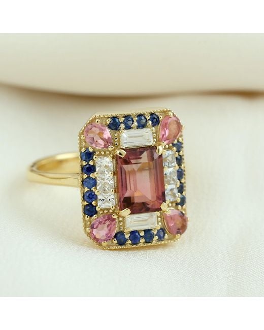 Artisan Pink Melon Tourmaline Cocktail Ring Yellow Gold Diamond Jewelry