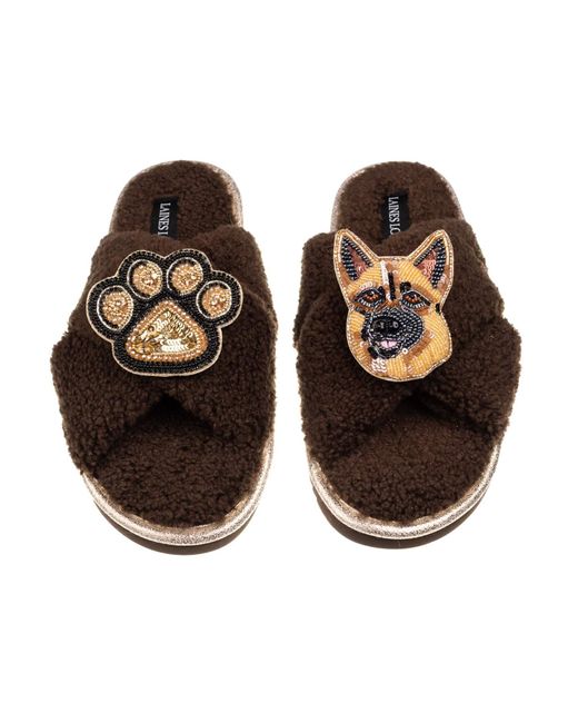 Laines London Brown Neutrals Laines Neutral Boucle Slippers With Roxy The German Shepherd & Paw Brooches