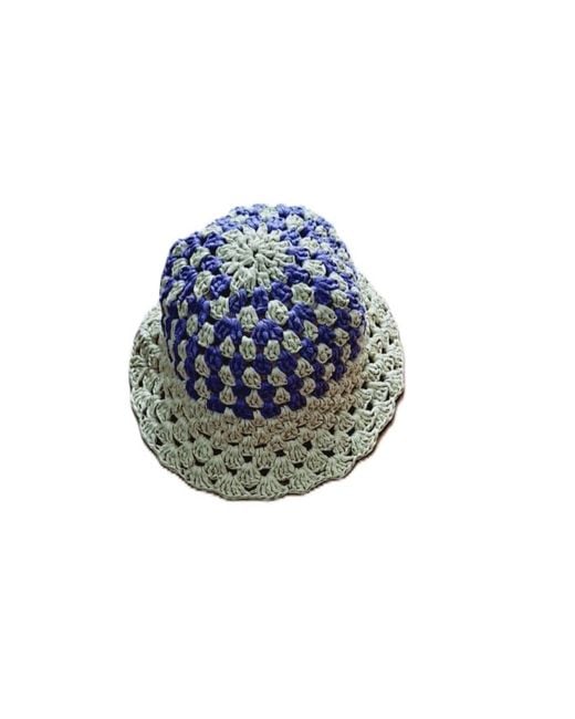 Springmoonatelier Blue Handmade Cream- Raffia Bucket Hat