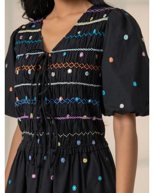 Rose & Nancy Black Eddie Multi Embroidered Smocked Maxi Dress