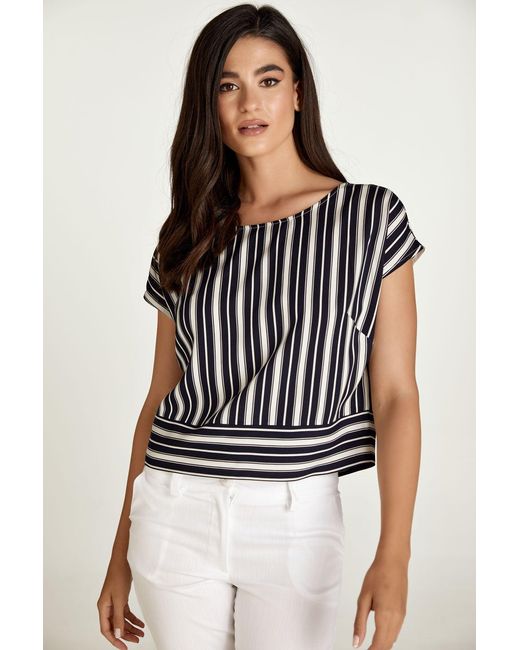 Conquista Black Striped Top With A Boat Neckline