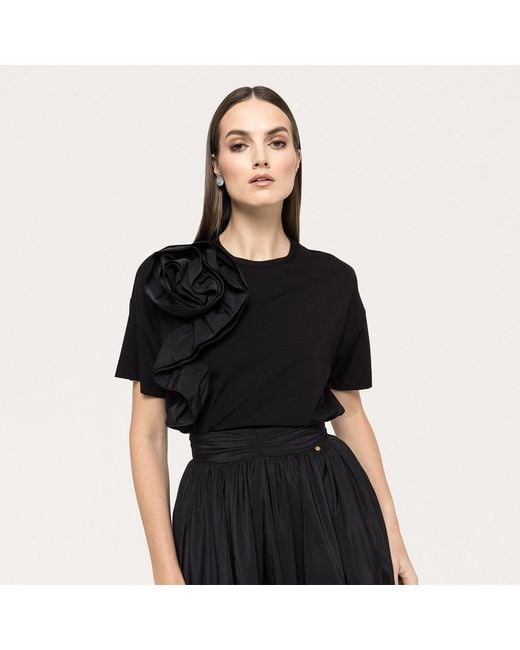 Nissa Black Floral-Appliqué Viscose T-Shirt