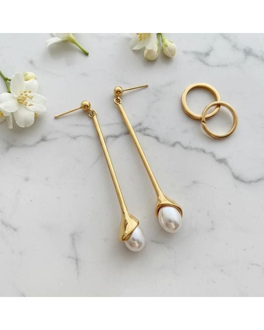 Angel Barocco Metallic Minimalist Pearl Drop Bar Earrings