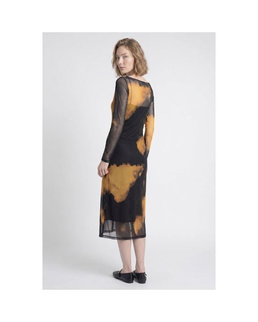 Modenaire Black Sheer Mesh Midi Dress With Abstract Print And Layered Slip