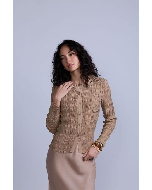 Rave on Trend Natural Ruched Button-Down Top