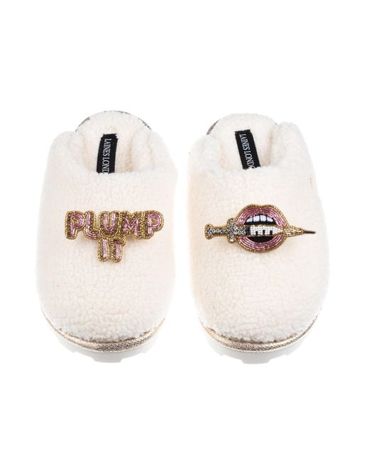Laines London White Neutrals Teddy Closed Toe Slippers With Plump It Pout Brooches