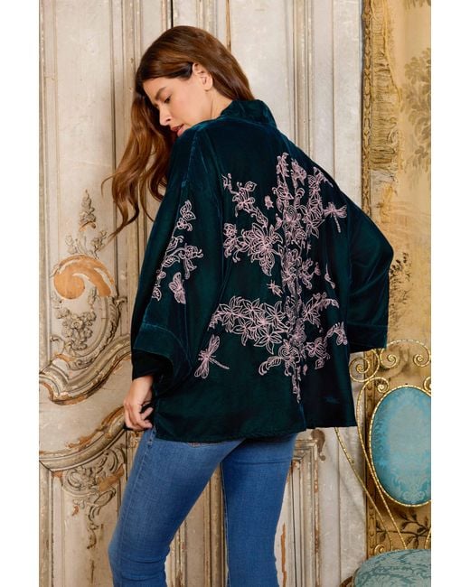 Artemis Muse Blue Wild Flowers & Butterflies & Velvet Embroidered Short Kimono