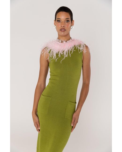 Andreeva Green Chrysanthemum Knit Dress With Real Ostrich Feathers Details