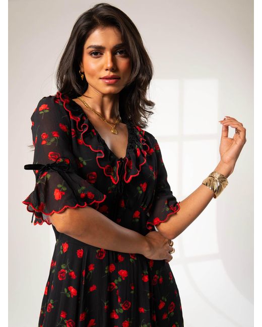 Rose & Nancy Red Toni Rose Print Velvet Tie Maxi Dress