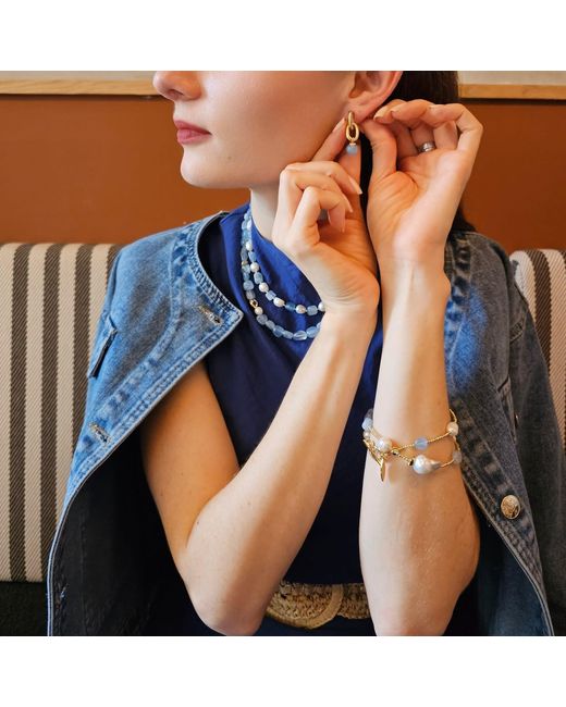 Farra Blue Irregular Aquamarine With Baroque Pearls Double Layers Bracelet