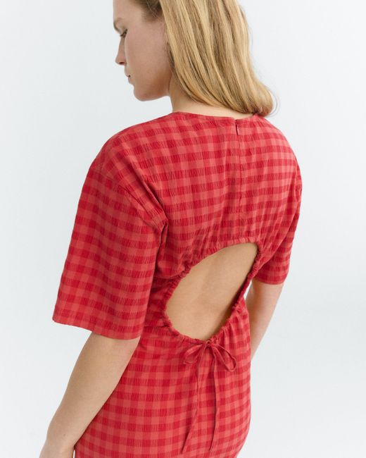 Thinking Mu Red Seersucker Long Dress With Back Opening Kina