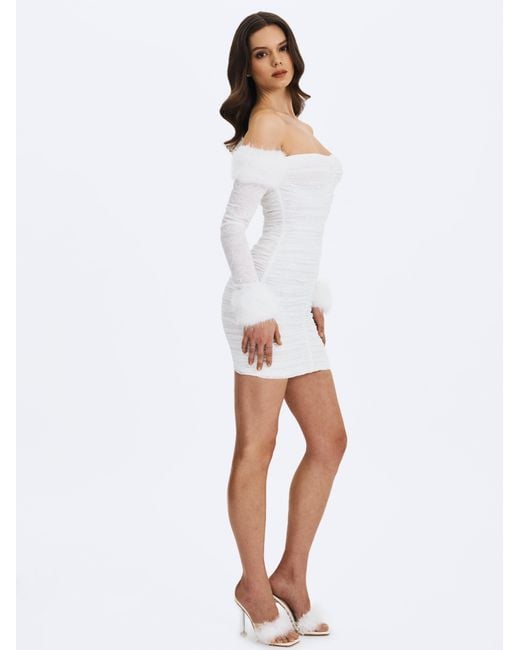 Miss Circle New York Gray Lani Lace Off-Shoulder Ruched Mini Dress