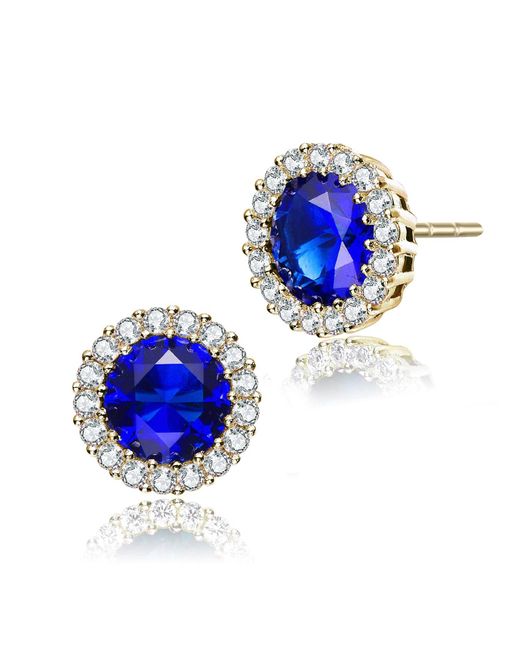Genevive Jewelry Blue Sterling Silver Gold Plated Sapphire Cubic Zirconia Stud Earrings