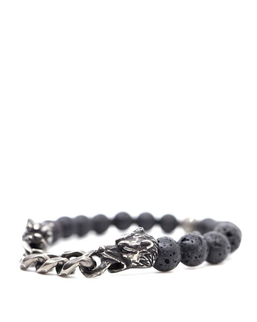 Shar Oke Black Stainless Steel Panther & Natural Lava Beaded Bracelet for men