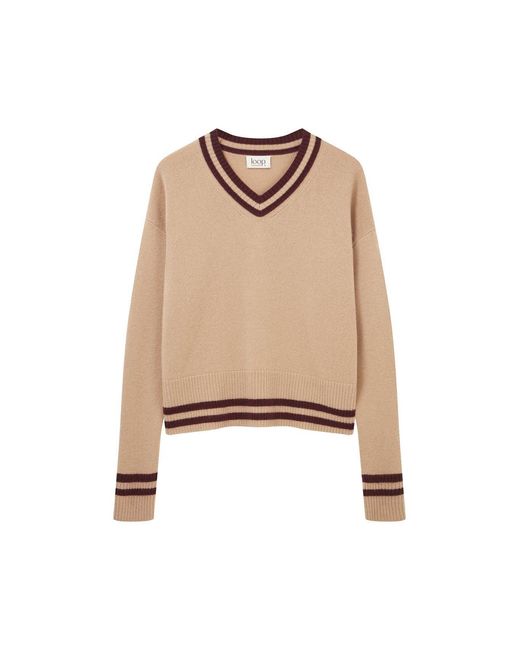 Loop Cashmere Natural Neutrals Striped Tipped V Neck Lofty Sweater