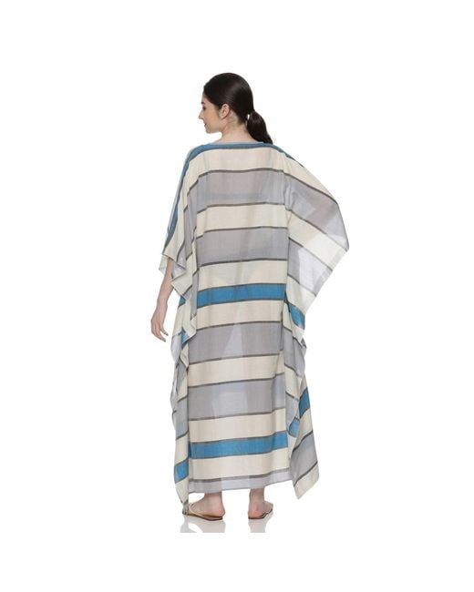 Heritagemoda Blue Riviera Stripe Handwoven Sheer Cotton Kaftan With & Light Stripes