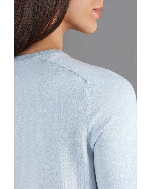 Paul James Knitwear Blue Ultra Fine Cotton Cassie Saddle Shoulder Knitted T-Shirt