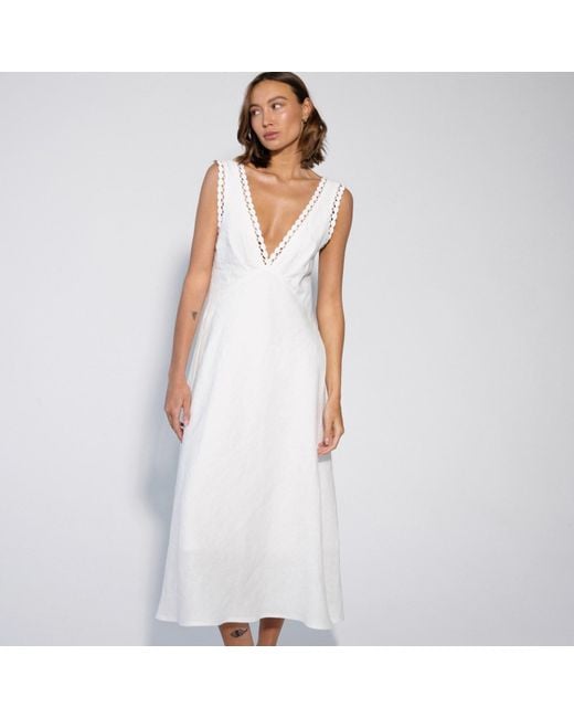 Langner White Embroidered Lace Linen Maxi Dress