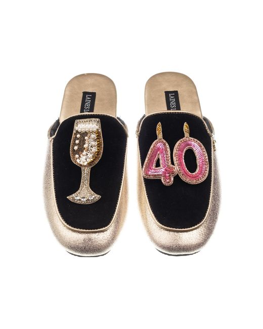 Laines London Black Classic Mules With 40th Birthday & Glass Of Champagne Brooches