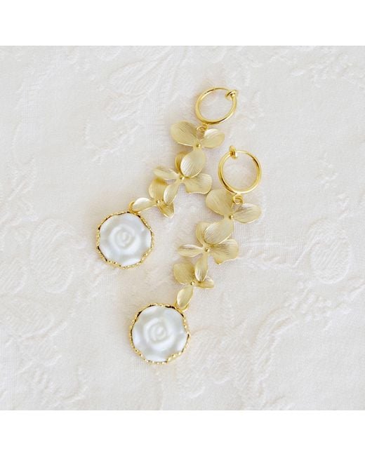 POPORCELAIN Metallic Porcelain Moonlight Rose And Triple Leaves Clip-on Earrings