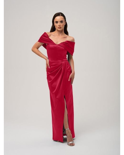 Tia Dorraine Red Heavenly Kissed Draped Satin Maxi Dress