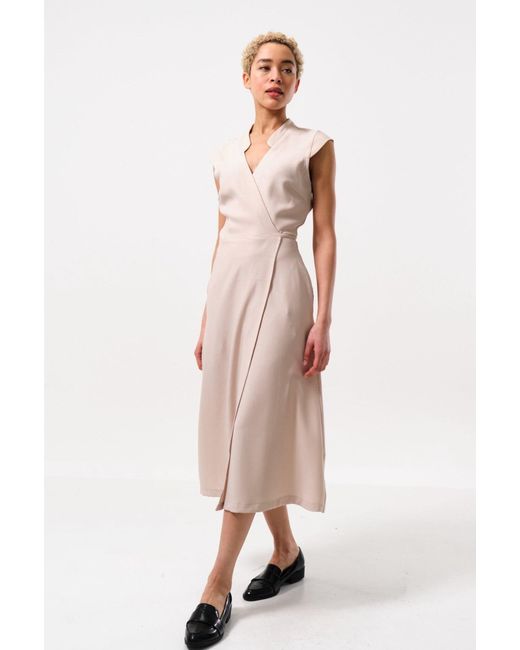 Louche Natural Neutrals Urbain Satin Back Crepe Wrap Midi Dress