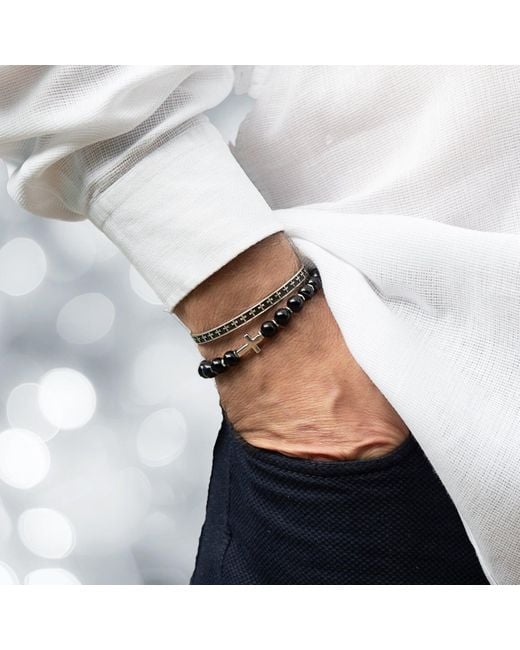 Ebru Jewelry Black Sterling Cross Onyx Beaded Bracelet for men