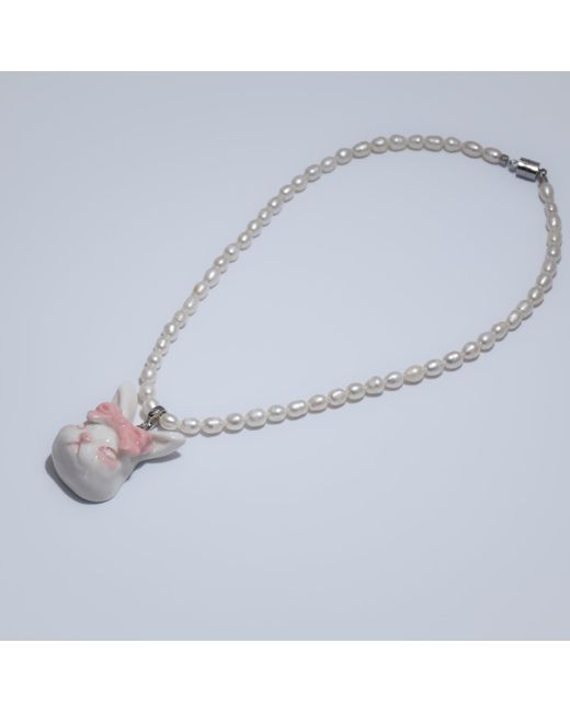 H2 Studio White Grumpy Bunny Pinky Bow Tie Freshwater Pearl Necklace