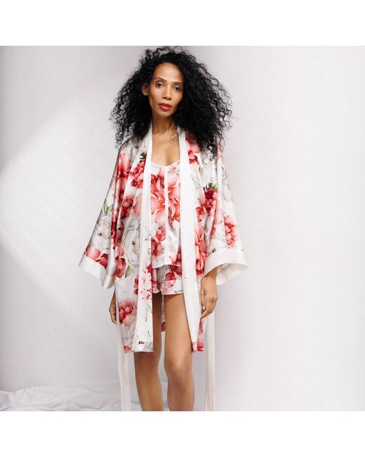 Vimissia Red Peony Allure Short Silk Kimono Style Robe