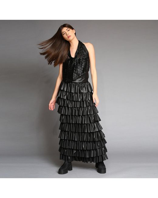 Silvia Serban Black Eco Leather Skirt With Ruffles & Adjustable Length