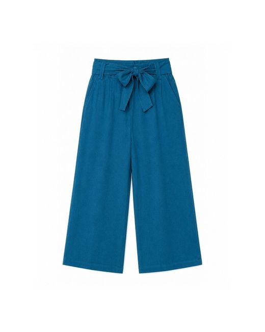 Yumi' Blue Linen Mix Cropped Trousers With Tie Belt