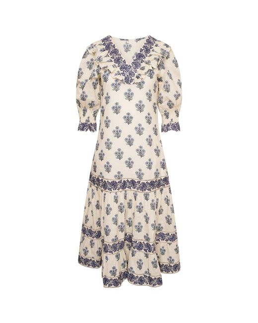 LAtelier London White Floral Block Print Cotton Midi Dress