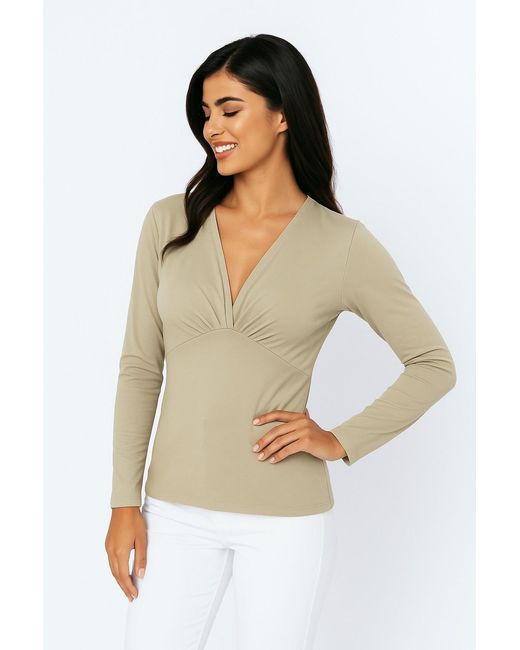 Conquista Gray Neutrals Sand Long Sleeve Faux Wrap Top