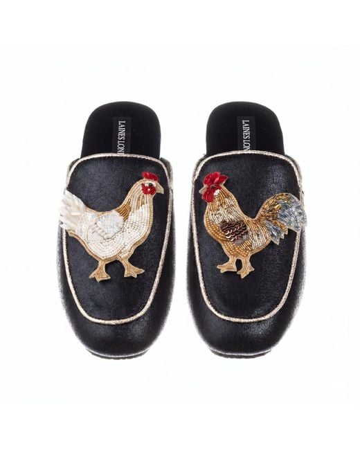 Laines London Black Classic Mules With Chicken & Rooster Brooches