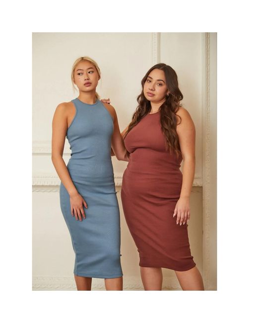 NUMBAT Red Lena Ribbed Fitted Midi Dress Cinnamon