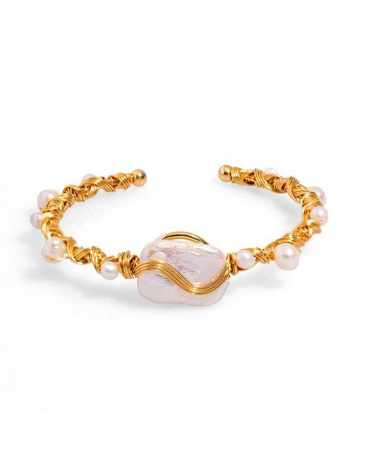 Ebru Jewelry Metallic Cleopatra Twisted Design Pearl & Cuff Bracelet