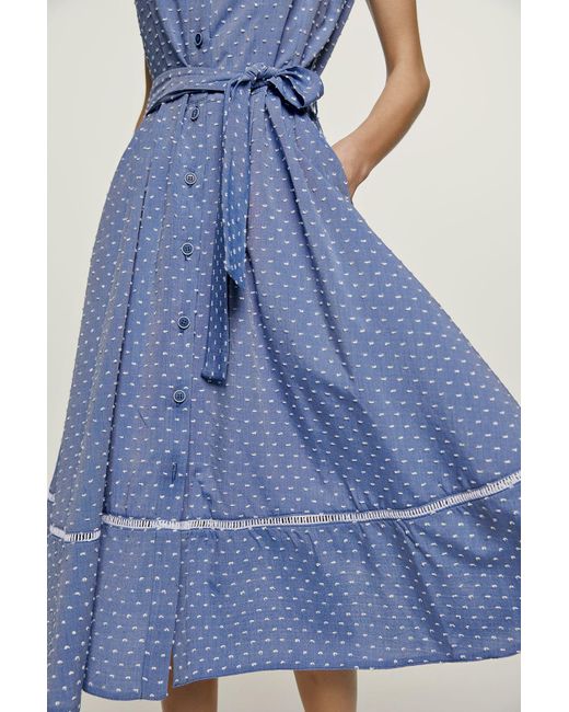 Conquista Blue Indigo Polka Dot Button Detail Dress